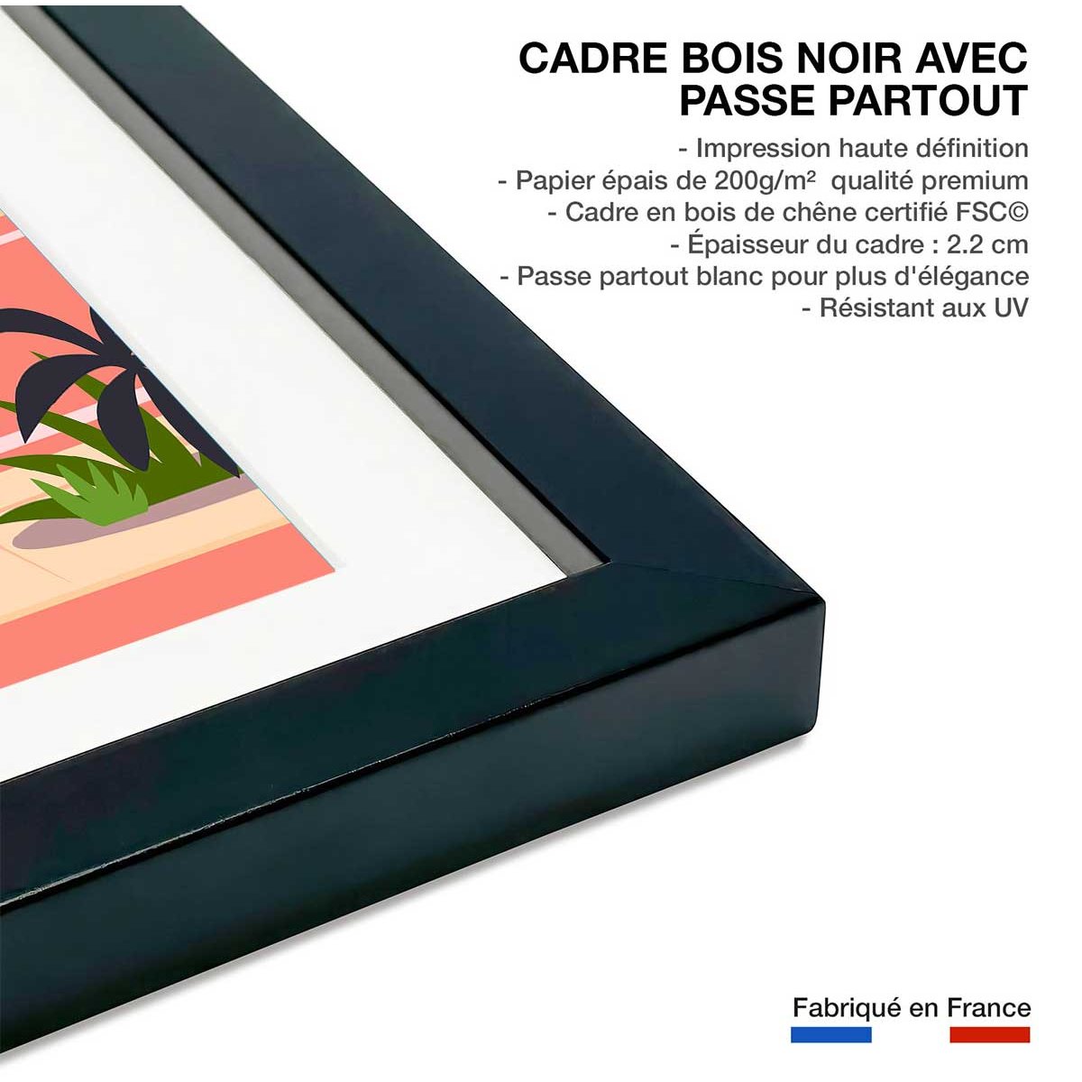 Poster nice promenade des anglais affiche + cadre en bois - noir, HEXOA