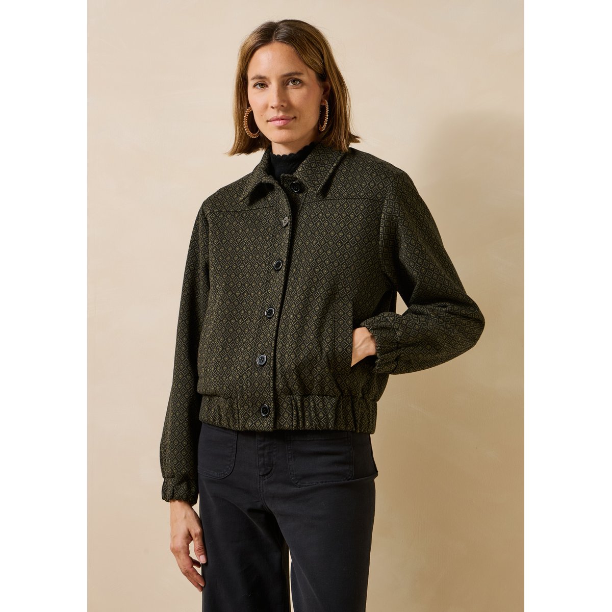 Blouson manches longues en milano jacquard kaki, LA FEE MARABOUTEE