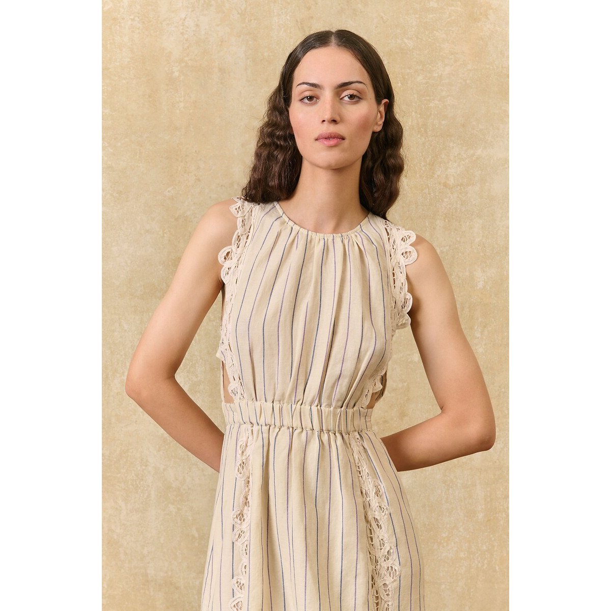 Robe sans manches à fines rayures et broderies, ARIANE ecru/marine, LOUISE MISHA