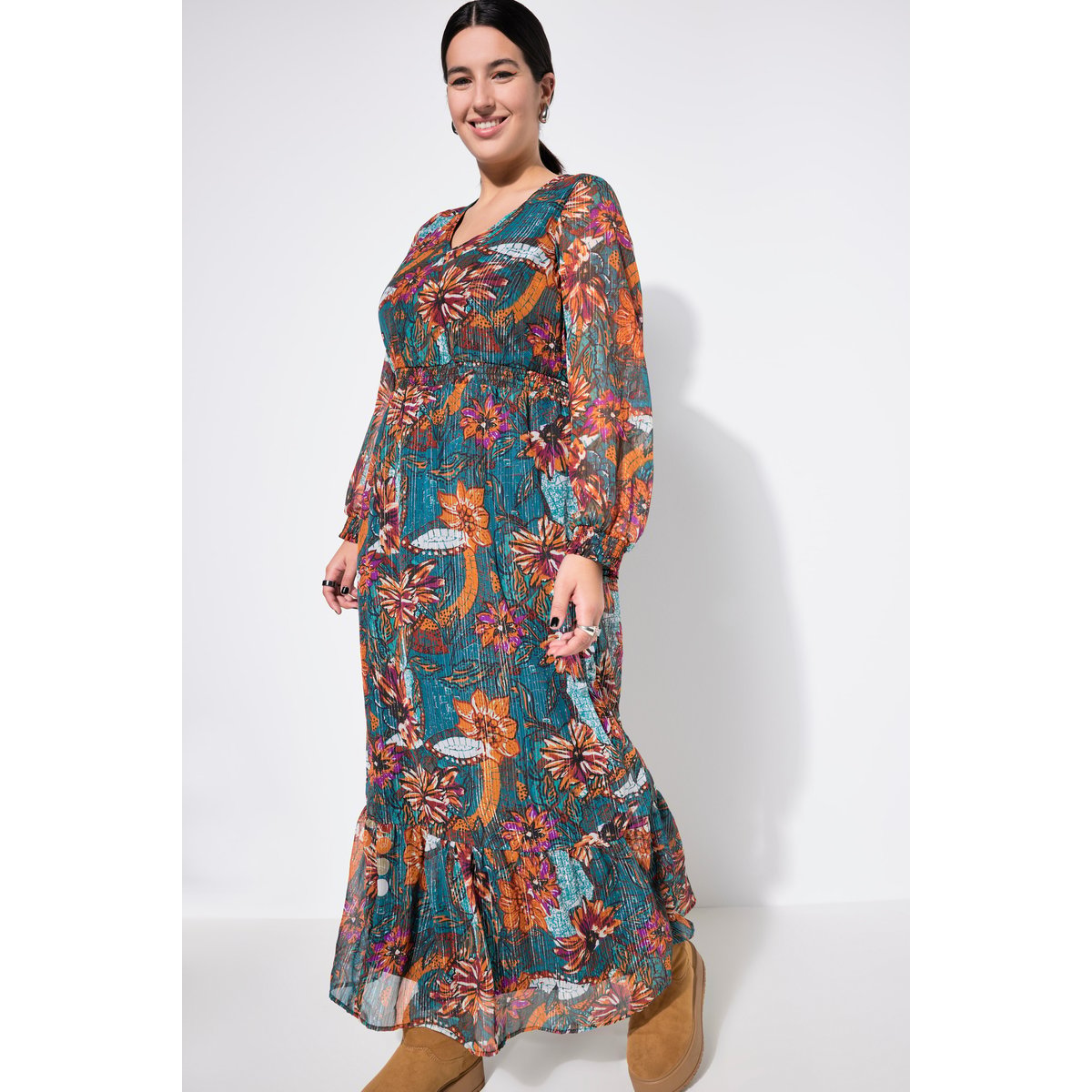 Robe maxi, silhouette en A, imprimé floral pétrol, STUDIO UNTOLD