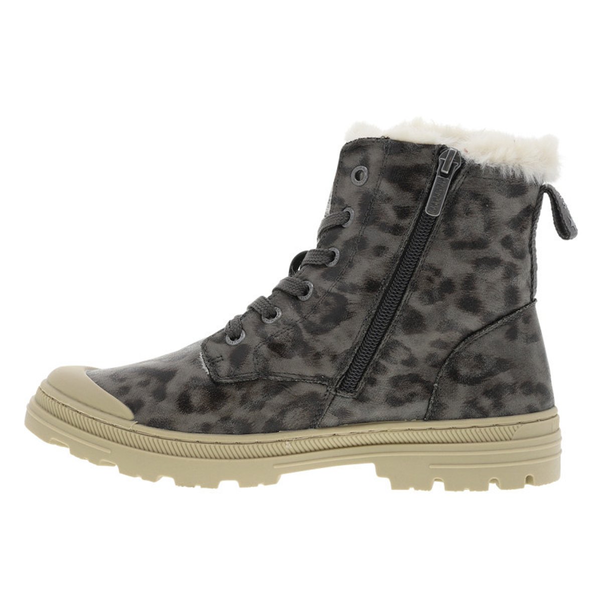 Bottines grises à imprimé léopard à talon décroché bas avec zip et lacets léopard, MUSTANG