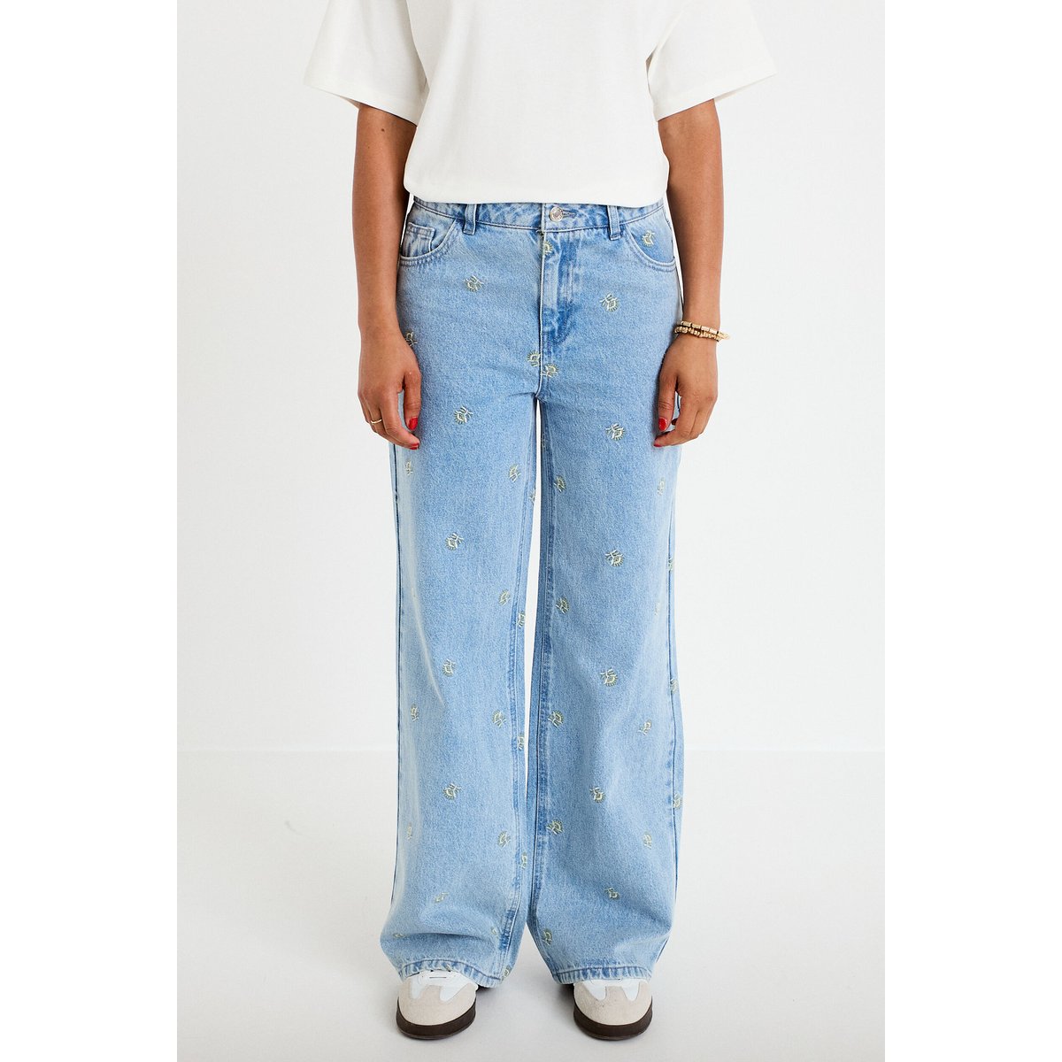 Jean wide leg taille haute brodé bleu, CACHE CACHE