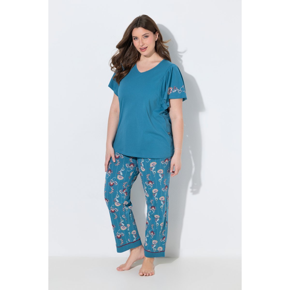 Pyjama motif cachemire, encolure en V pétrol, ULLA POPKEN