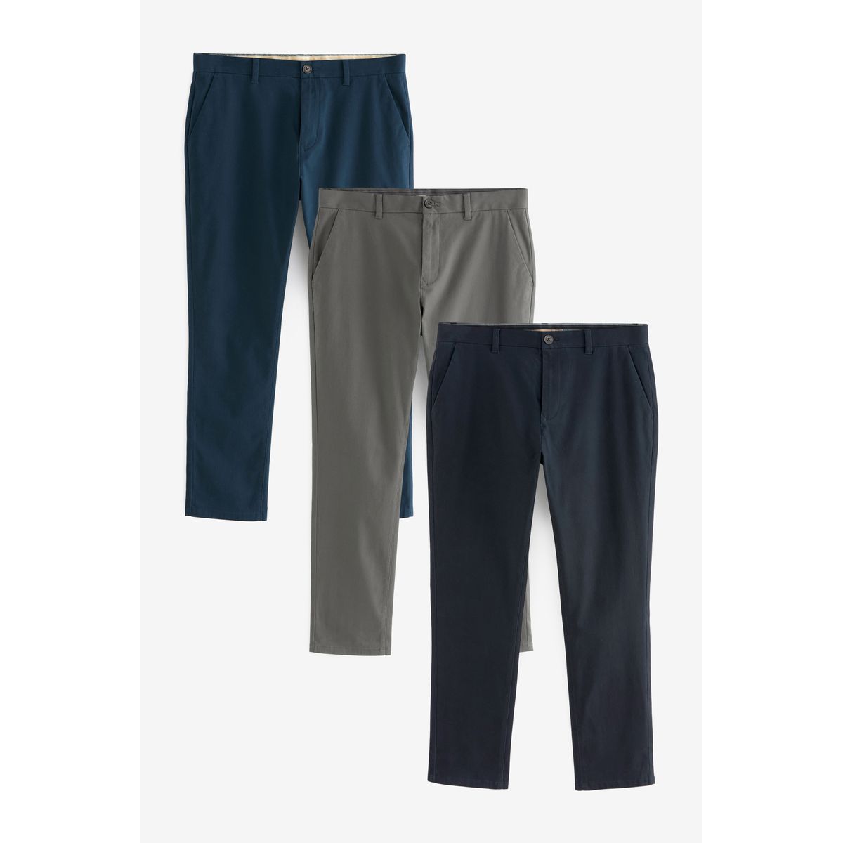 Pantalon chino stretch coupe slim, lot de 3 bleu, gris, marine, NEXT