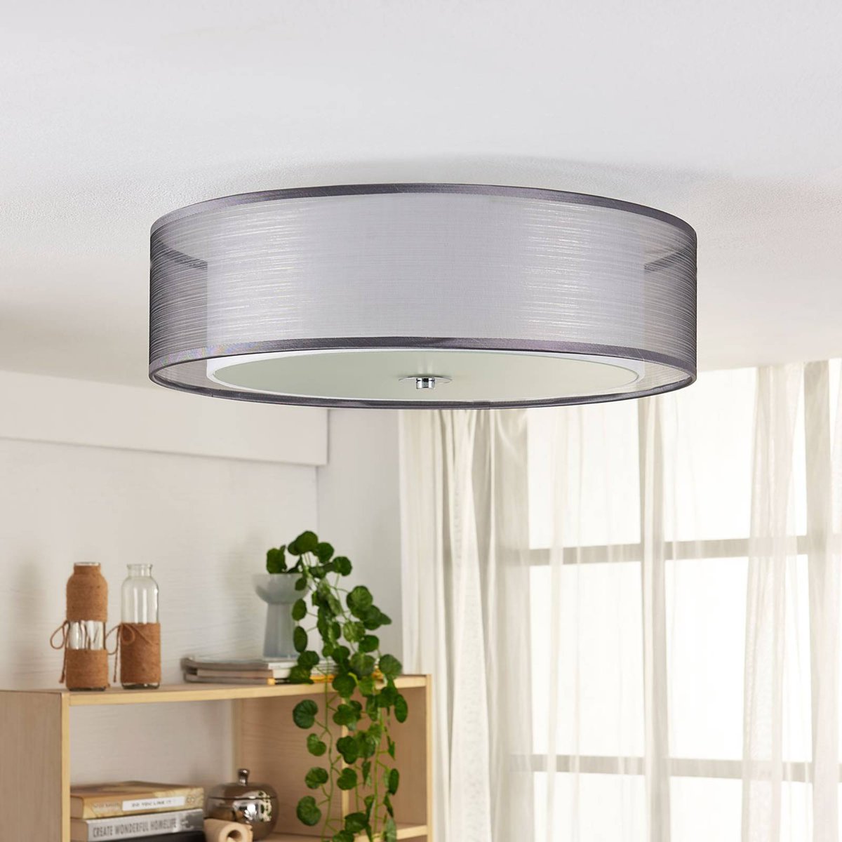 Plafonnier en textile moderne, Tobia gris, blanc, chrome, LINDBY