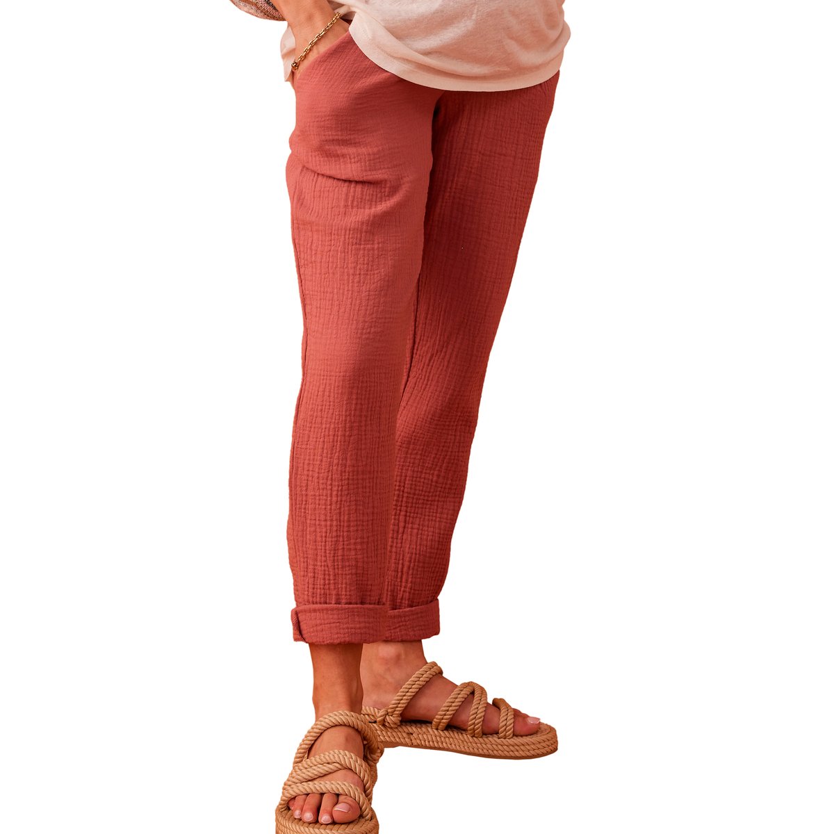 Pantalon grossesse en gaze de coton style paperbag vieux rose, ENVIE DE FRAISE