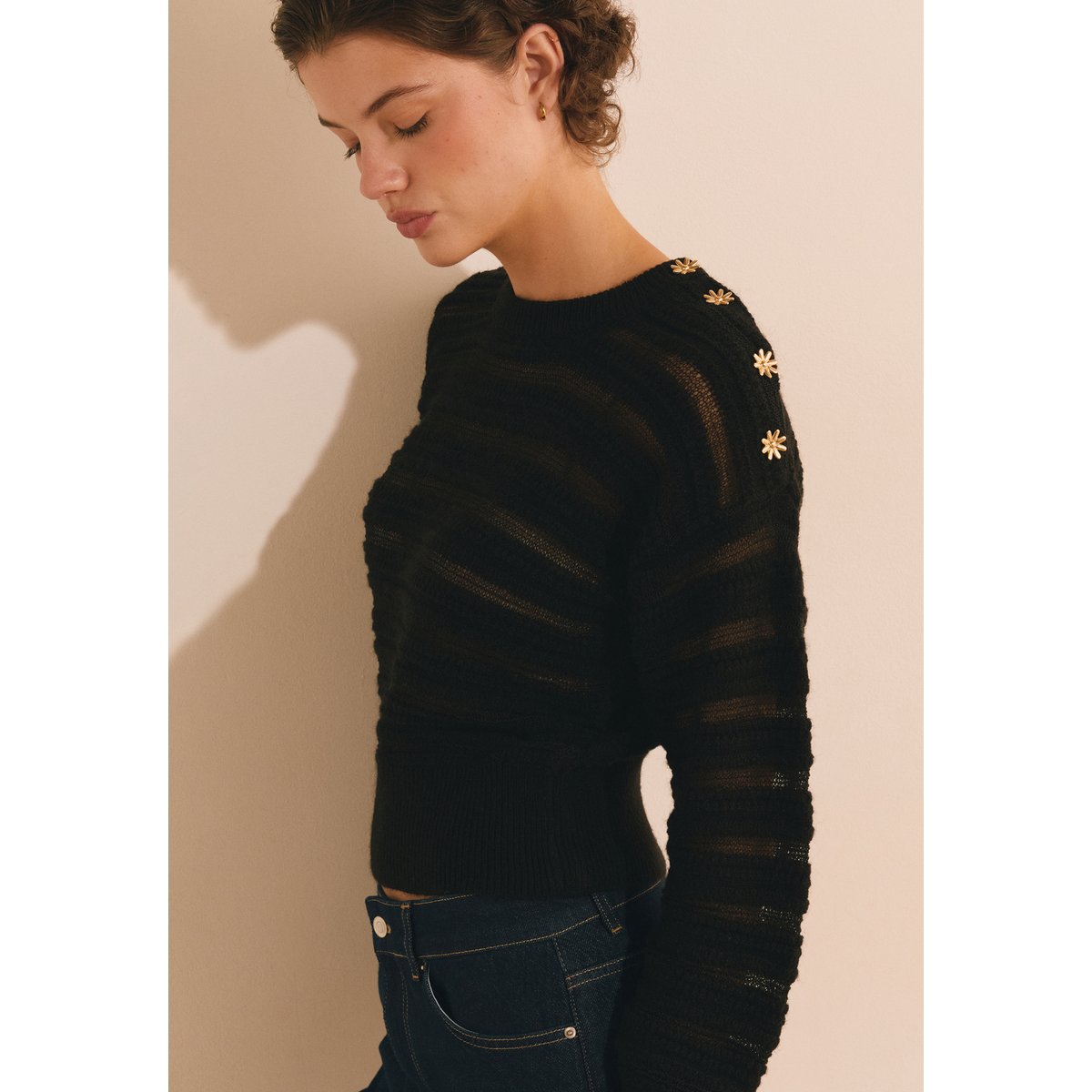 Pull manches longues avec boutons dorés SALVATORE noir, ETAM