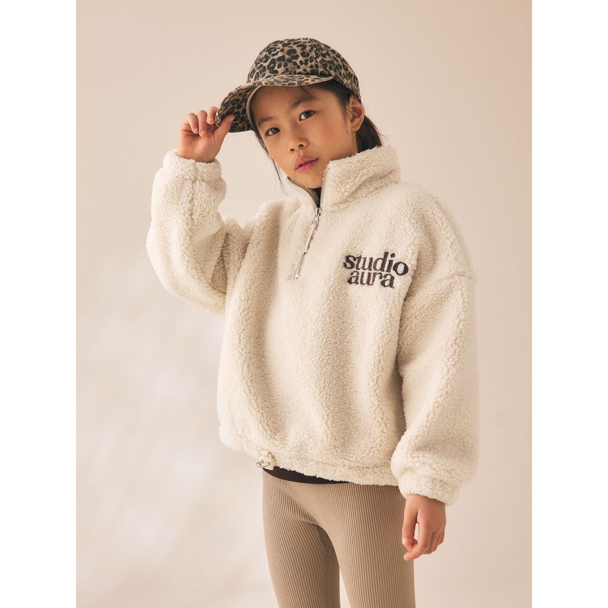 Veste semi-zippée en peau lainée à doublure naturel, NEXT