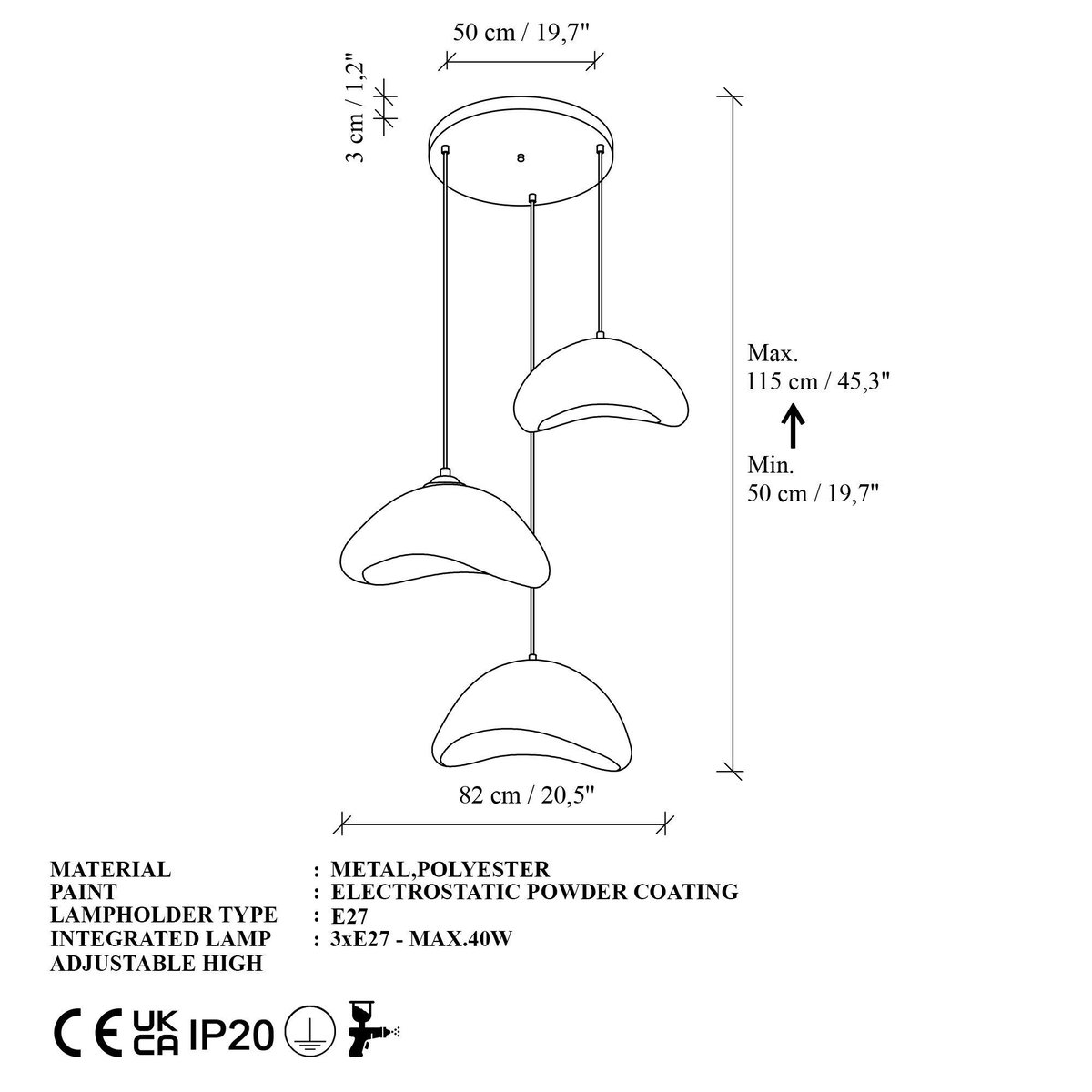 Suspension salle à manger blanche 3 lampes 82 cm NOXIS blanc, PIER IMPORT