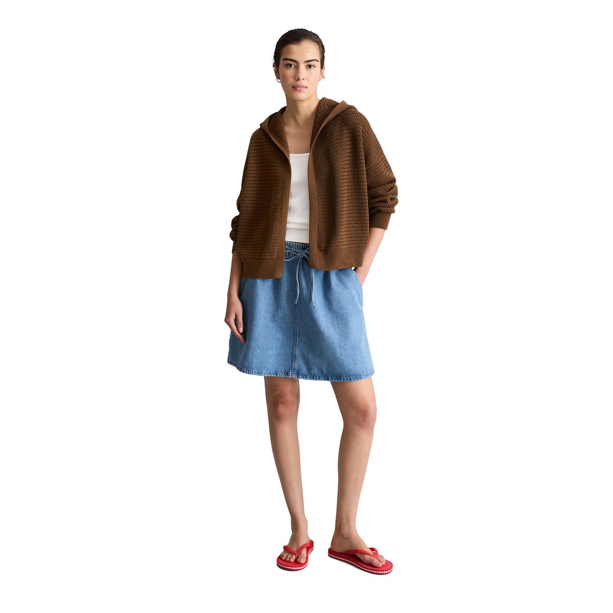 Cardigan à capuche loose en coton organique marron, MARC O’POLO DENIM