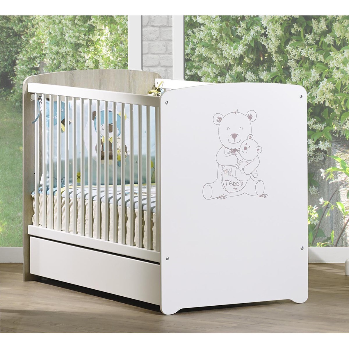 Lit sérigraphié taupe en bois blanc, BABY PRICE