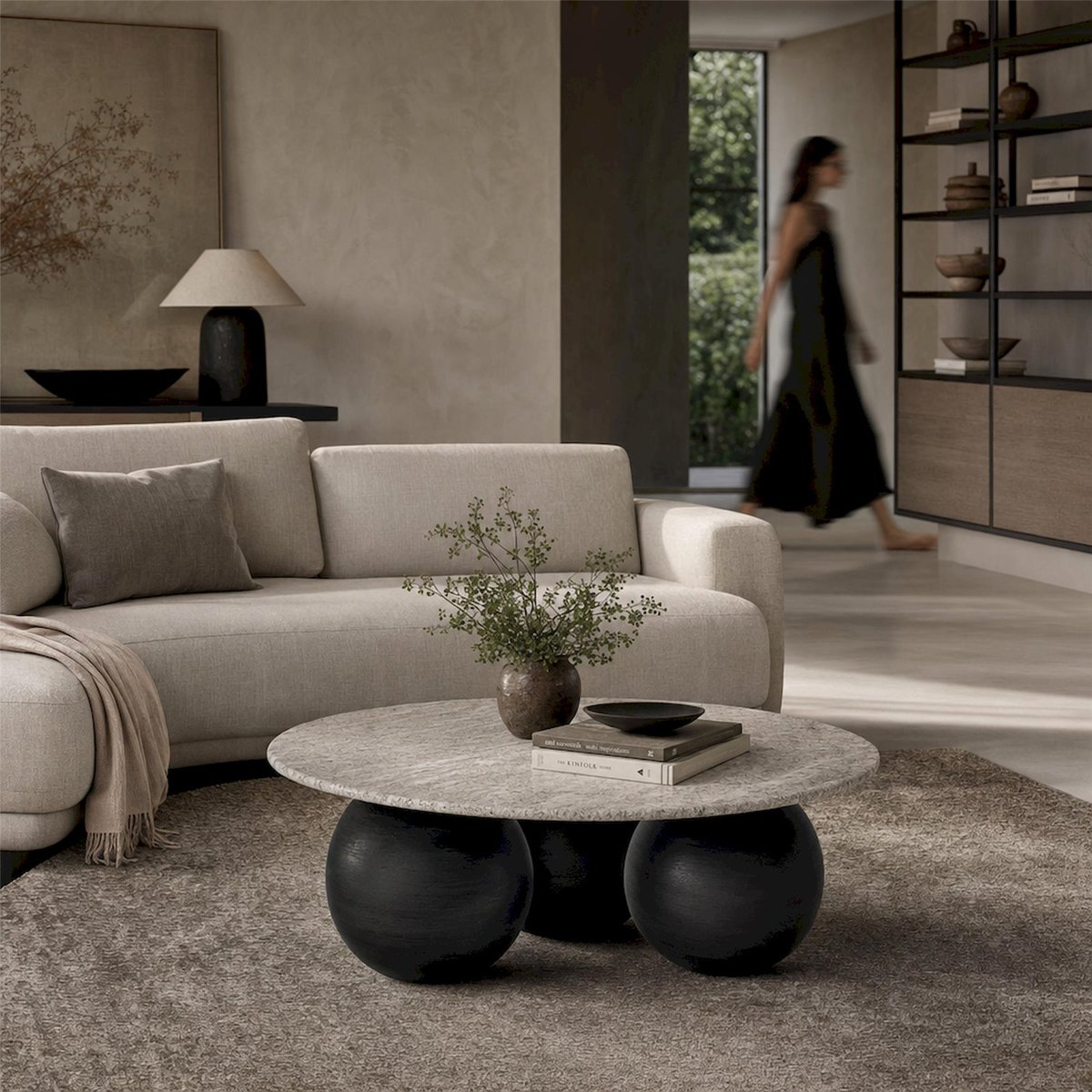 Table basse ronde collection KONYA gris marbre et noir, RECOLLECTION