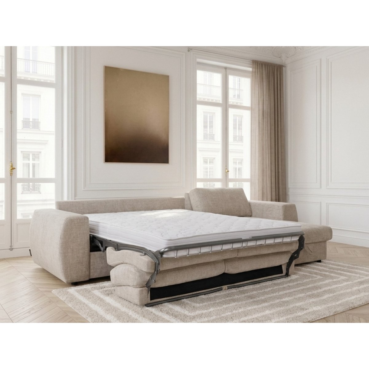 Canapé d'angle convertible 4 places en tissu texturé couchage 140x190 cm, HUGO beige, BOBOCHIC