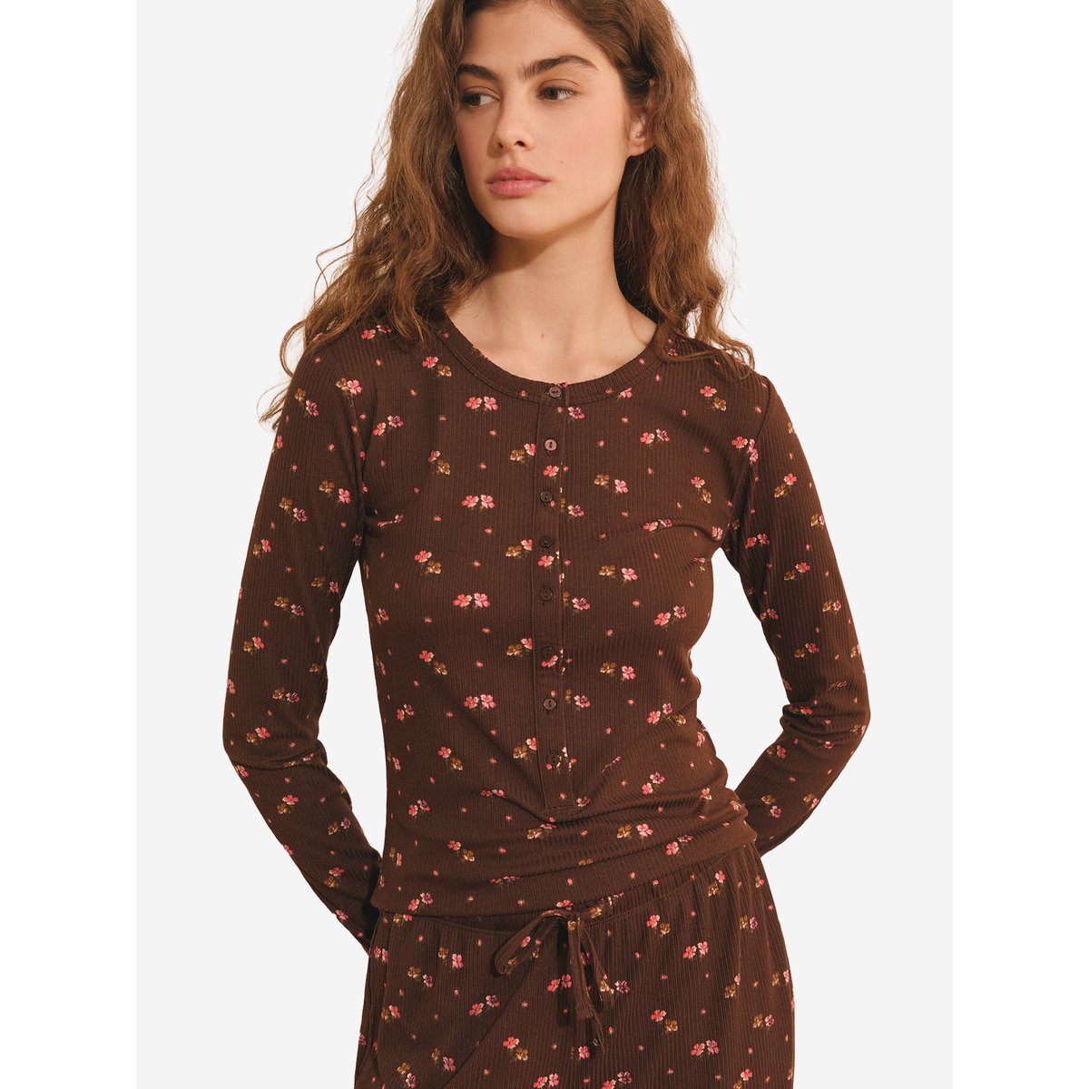 T-shirt de pyjama côtelé à imprimé feuillage HELIA marron, ETAM