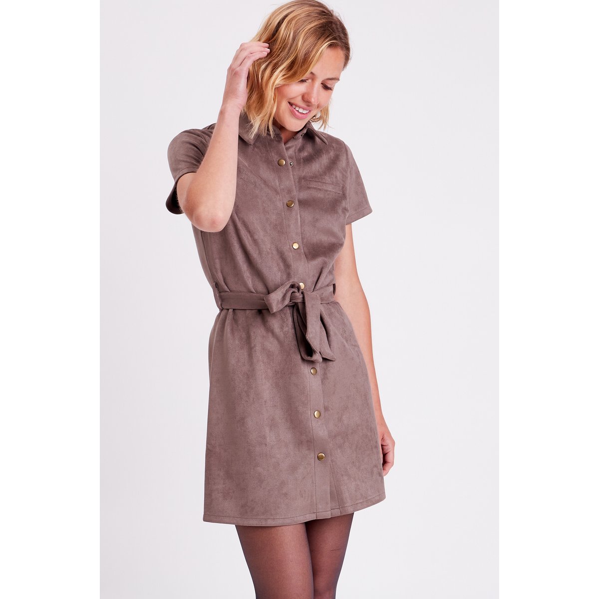 Robe droite ceinturée suédine taupe, CACHE CACHE