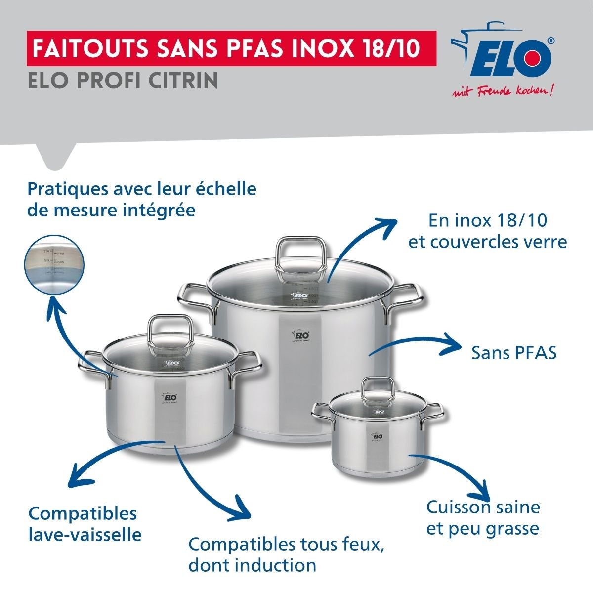 Batterie 1 poêle 32cm + 3 faitouts 14/20/26cm PROFI CITRIN gris, ELO