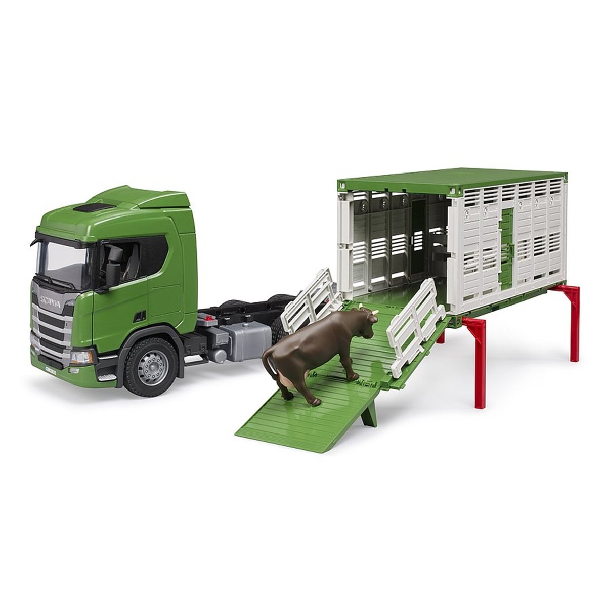 Camion de transport d'animaux Scania Super 560R avec 1 bœuf vert, BRUDER