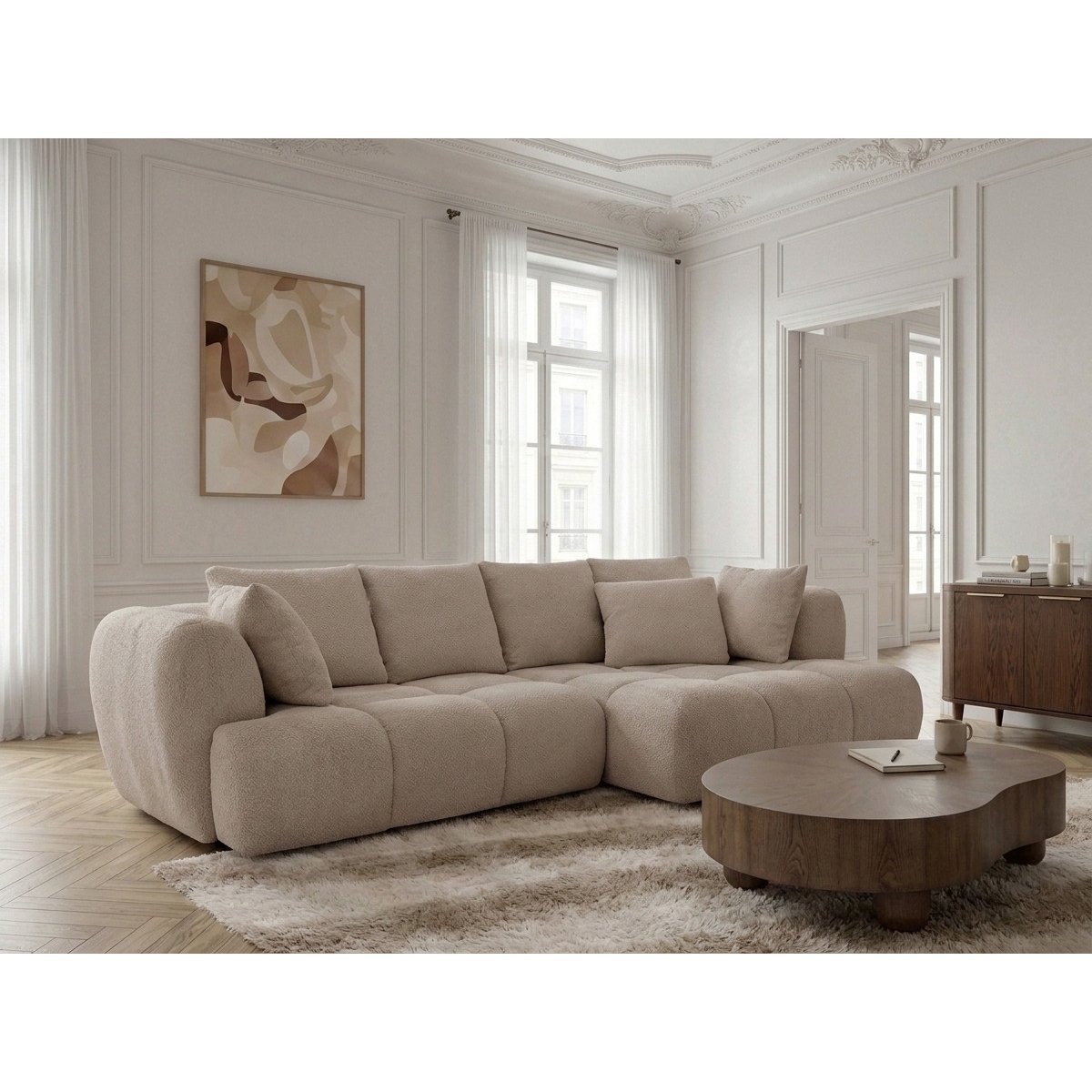 Canapé d'angle convertible 3 places en tissu bouclette, AUDE beige, BOBOCHIC
