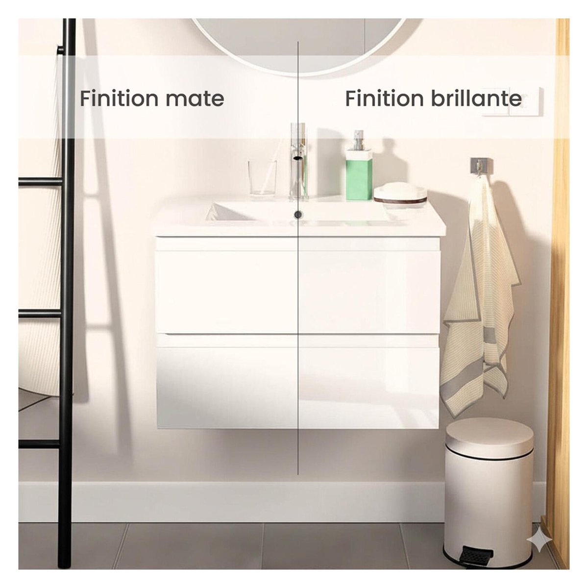 Ensemble simple vasque 60cm avec plan céramique et robinet noir SORRENTO blanc satiné, MOB IN
