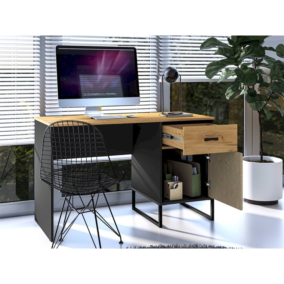 Bureau ado industriel avec rangement chêne craft doré noir et acier, RECOLLECTION
