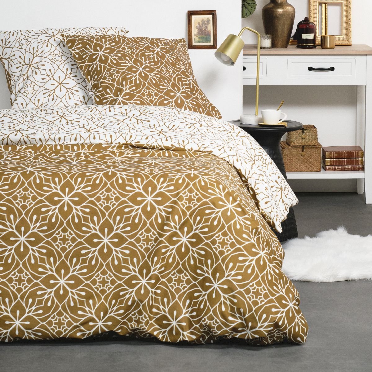 Parure de lit 2 personnes imprimé coton SUNSHINE SOLENE bronze, TODAY
