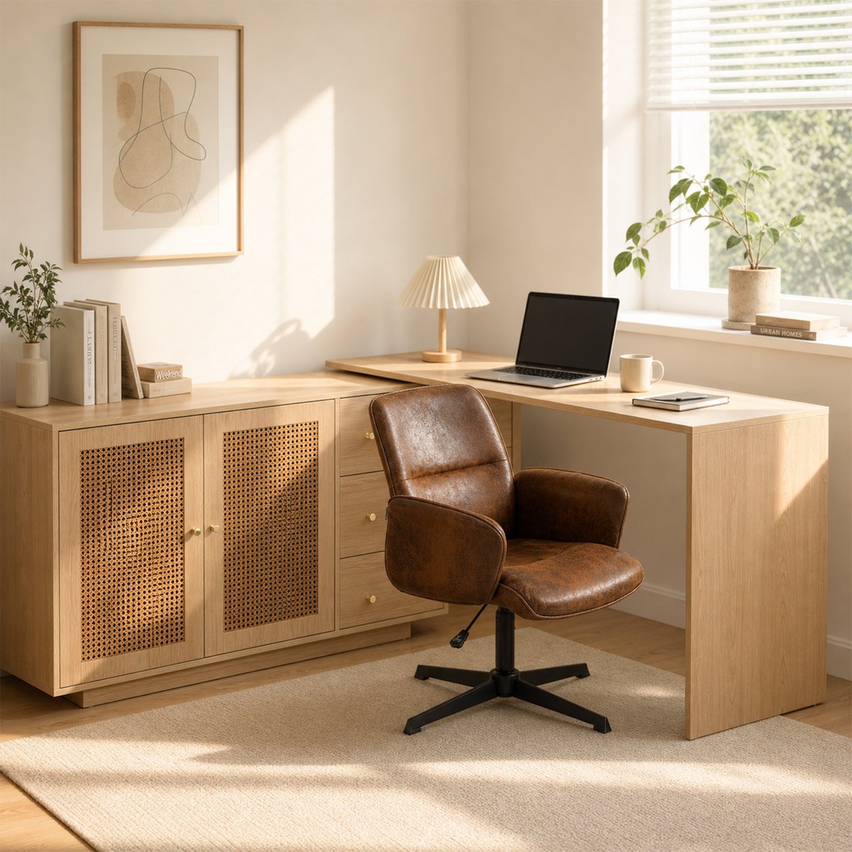 Ensemble de bureau d’angle rotatif avec portes rotin et chaise de bureau, DICCPERNTHOMASINAM marron, MEUBLES COSY