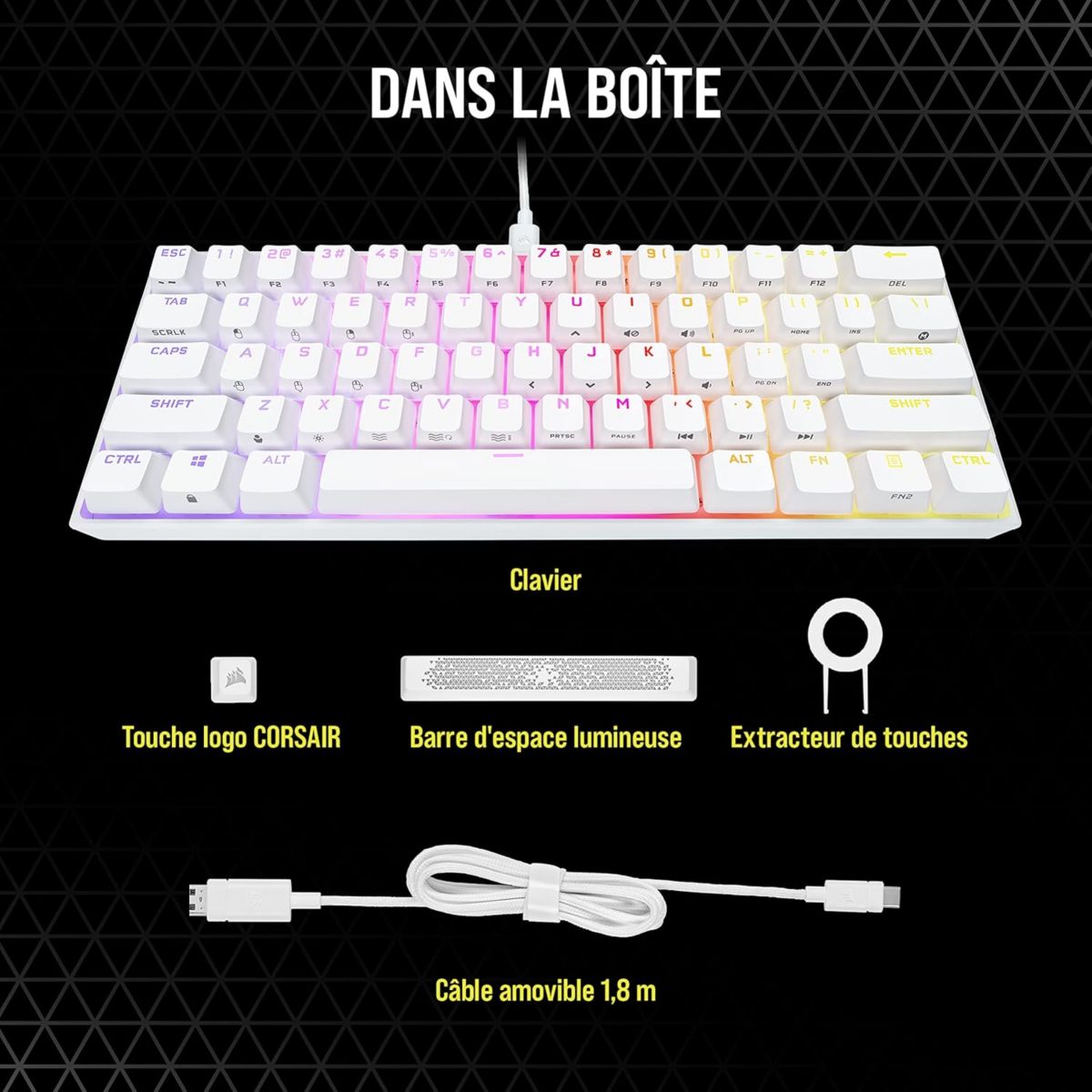 Clavier gamer K65 RGB MINI CHERRY MX Red Blanc couleur unique, CORSAIR