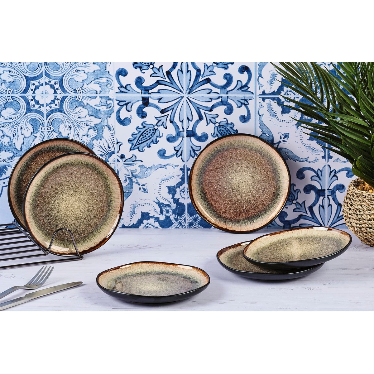 Lot de 6 assiettes à pain en grès, IRIS dégradé beige et marron, BJORN