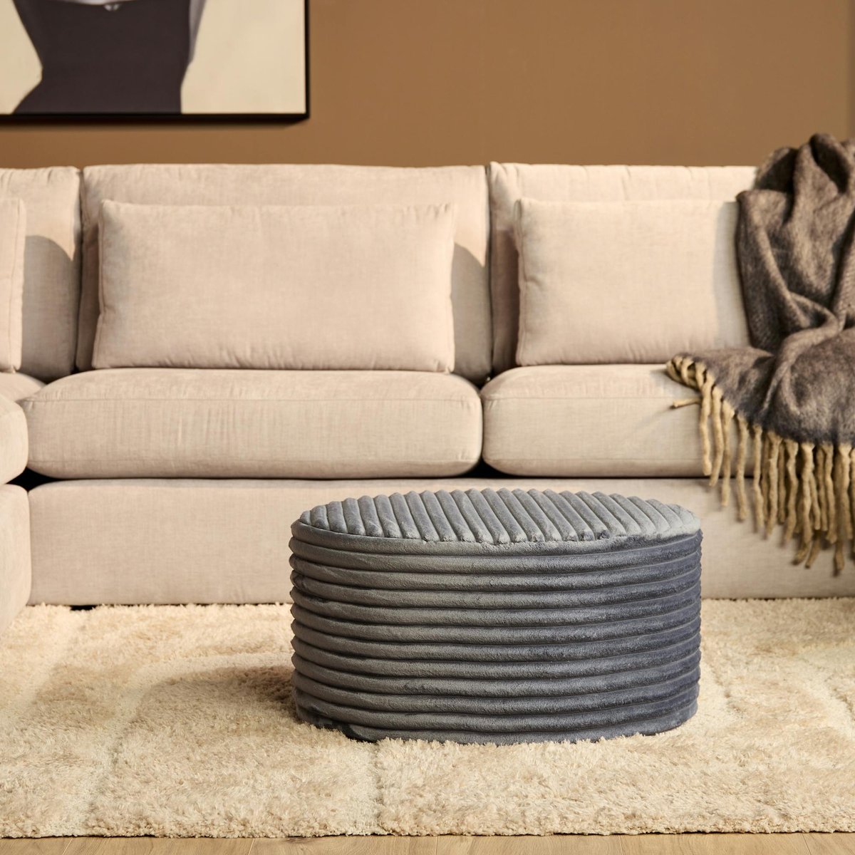 Pouf de salon en tissu, diam. 80 cm RIVOLI gris, PIER IMPORT