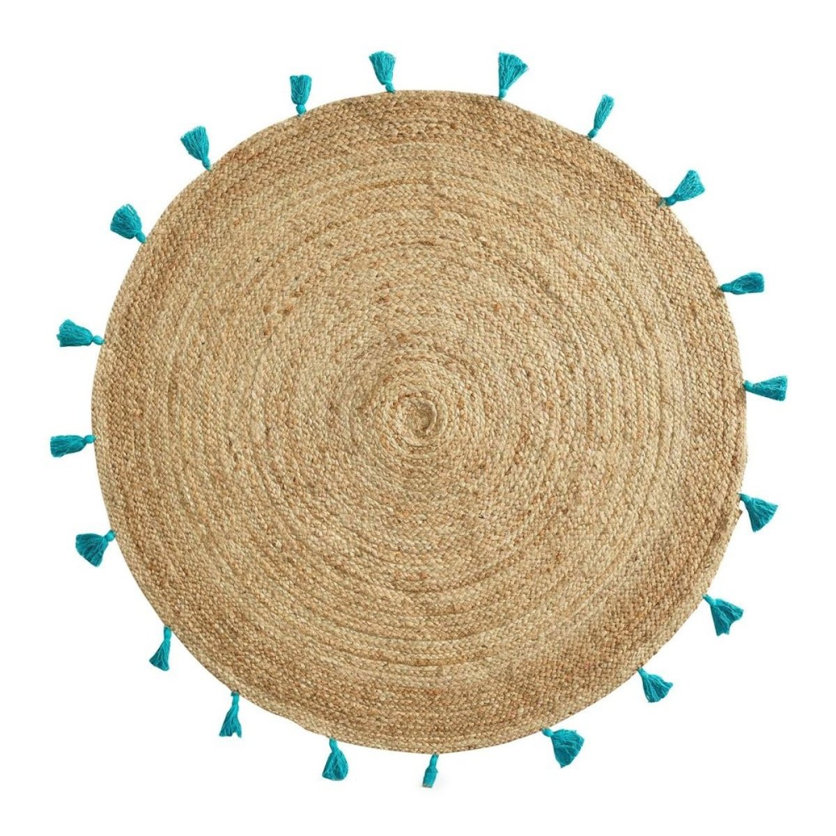 Tapis rond 120 jute pompons Shira turquoise bleu, DECORATIE