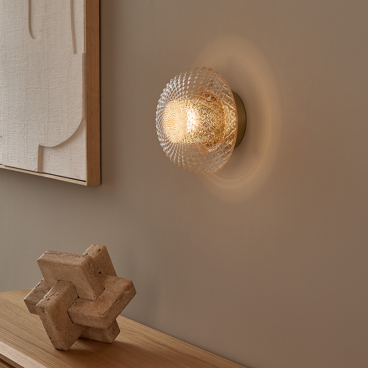 Mistinguett Engraved Glass and Brass Ceiling-Mounted Wall Light, Diameter 20cm aged brass, EMMANUEL GALLINA X AM.PM