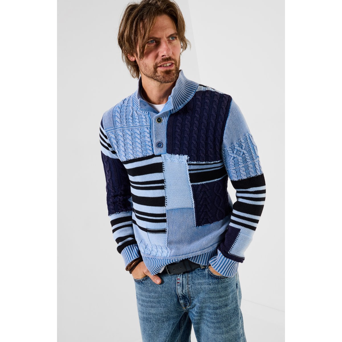 Pull à col montant en maille torsadée patchwork bleu, JOE BROWNS