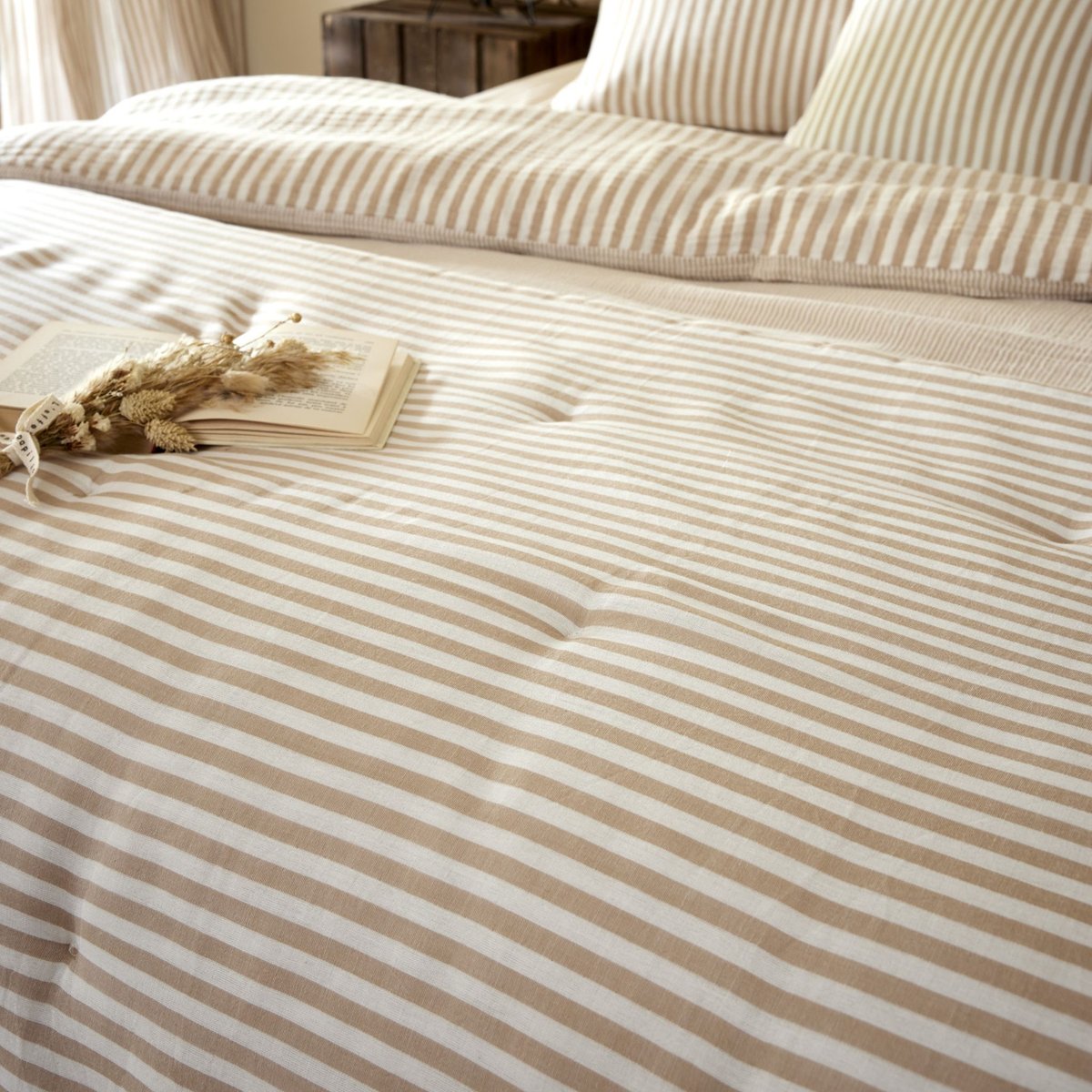 Housse de couette gaze de coton à rayures beige  - NINON beige, TERRE DE NUIT