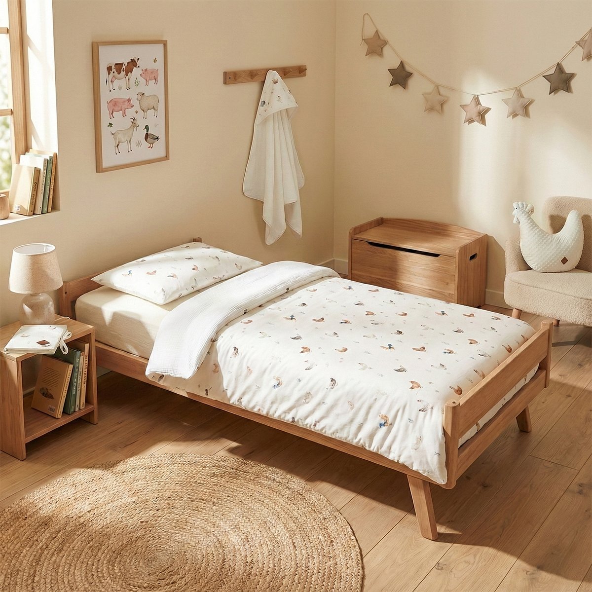 Couette et oreiller - prêt à dormir en satin de coton GALLINA écru – motif poules champêtre, SEVIRA KIDS