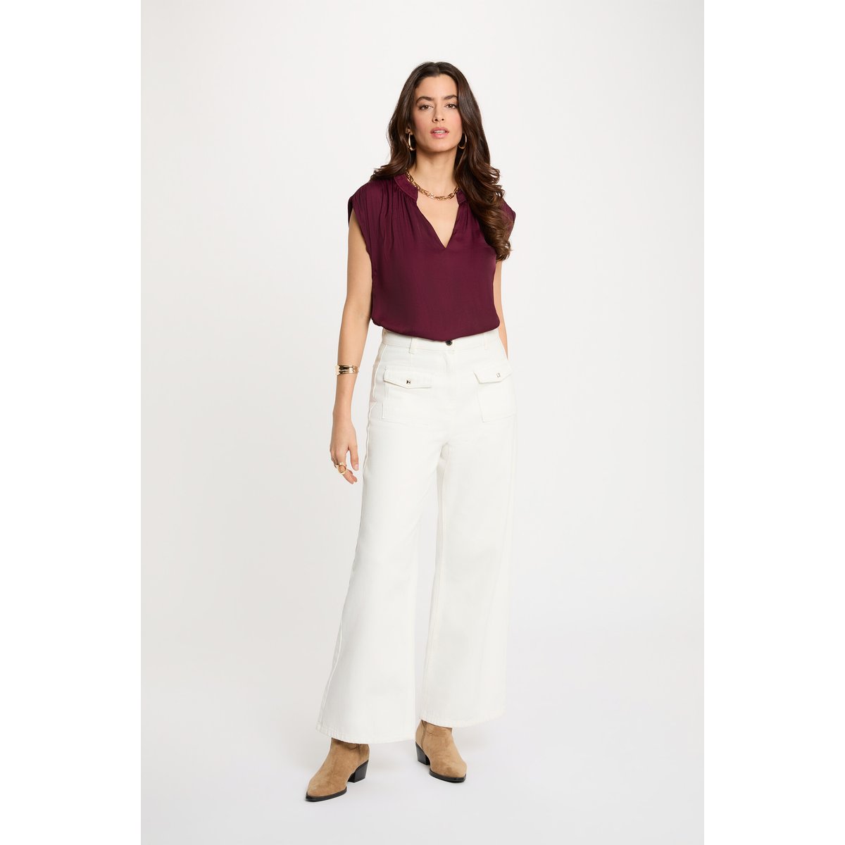 Blouse manches courtes satin prune, MORGAN