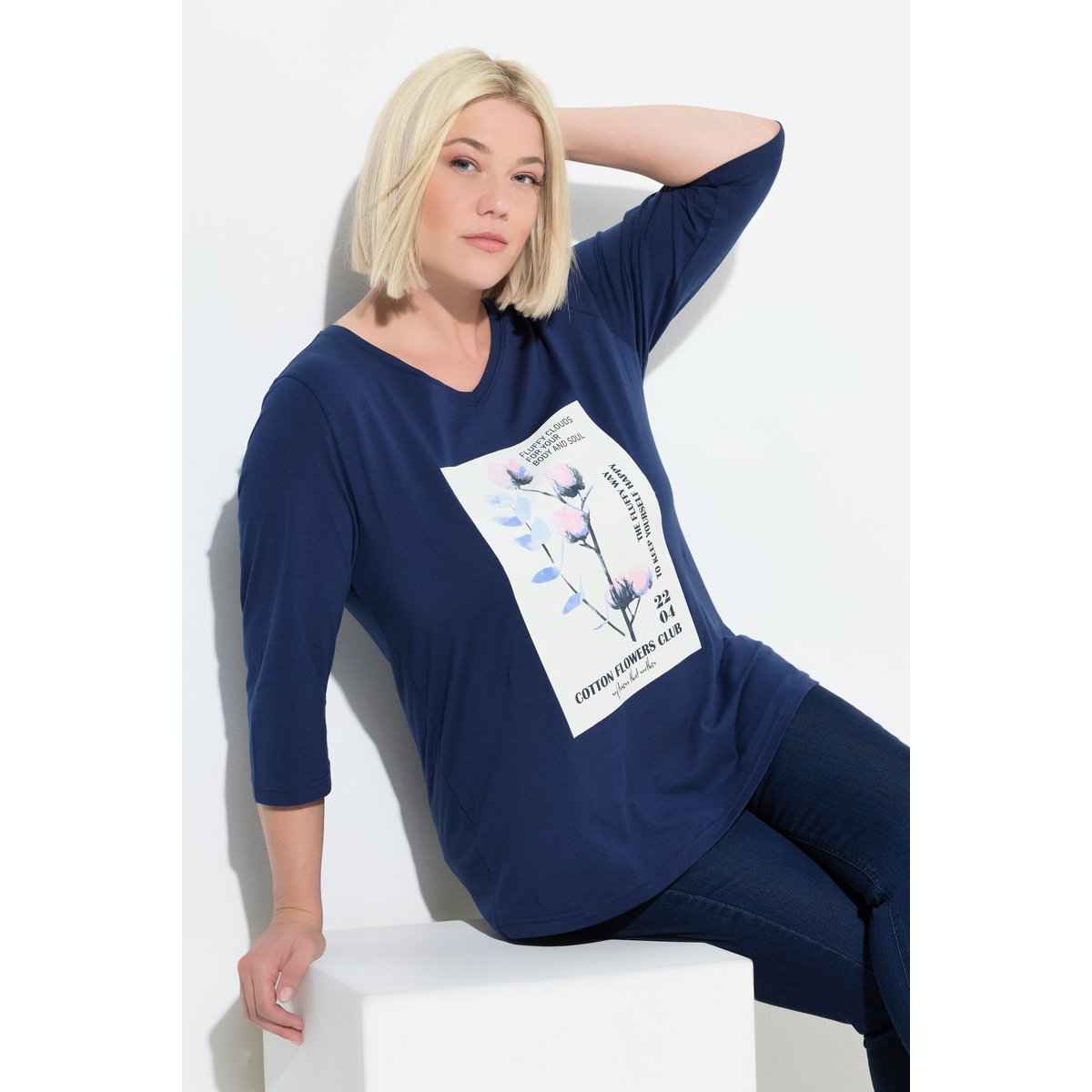 T-shirt motif branche de coton bleu encre, ULLA POPKEN