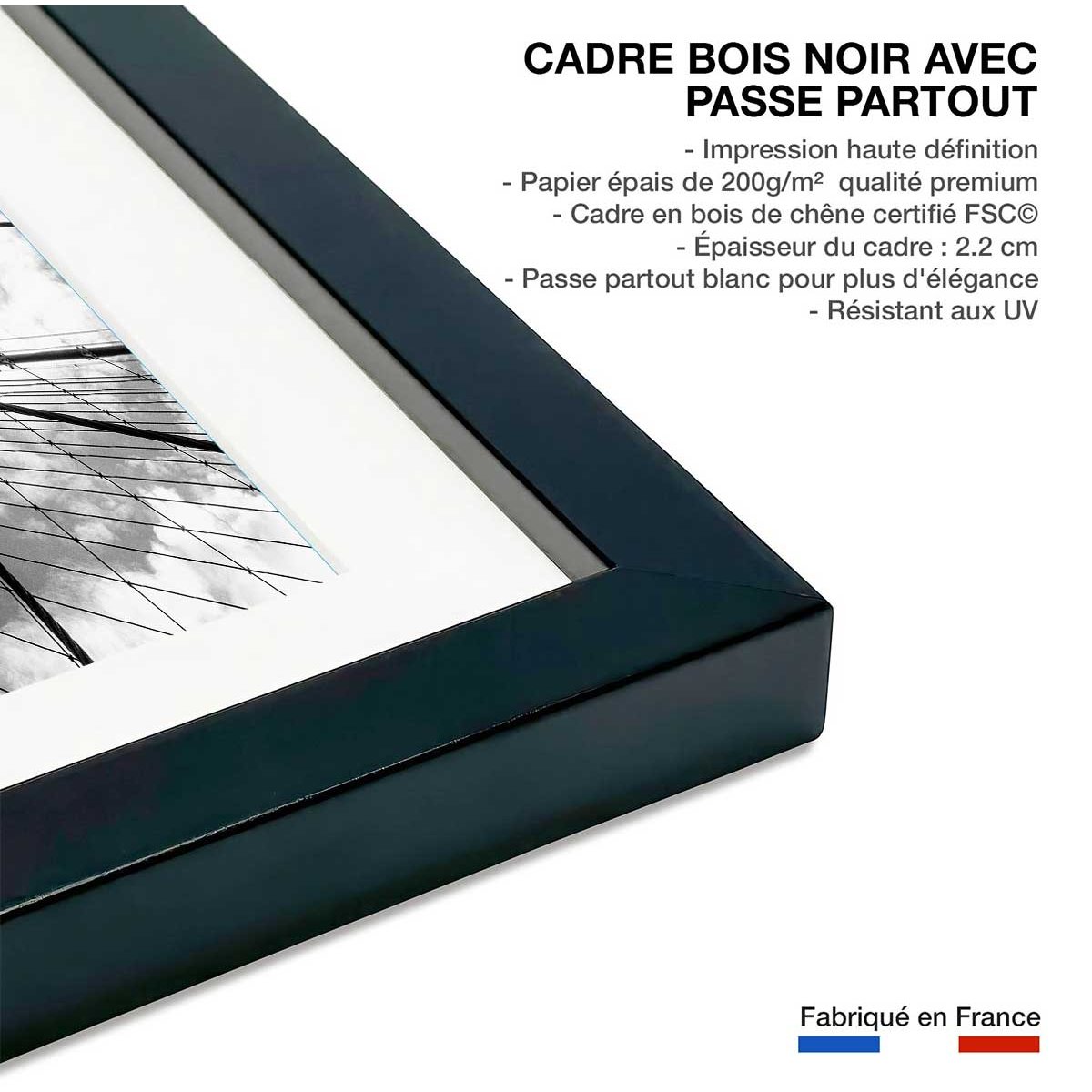 Affiche deco Brooklyn Bridge details affiche + cadre en bois - noir, HEXOA
