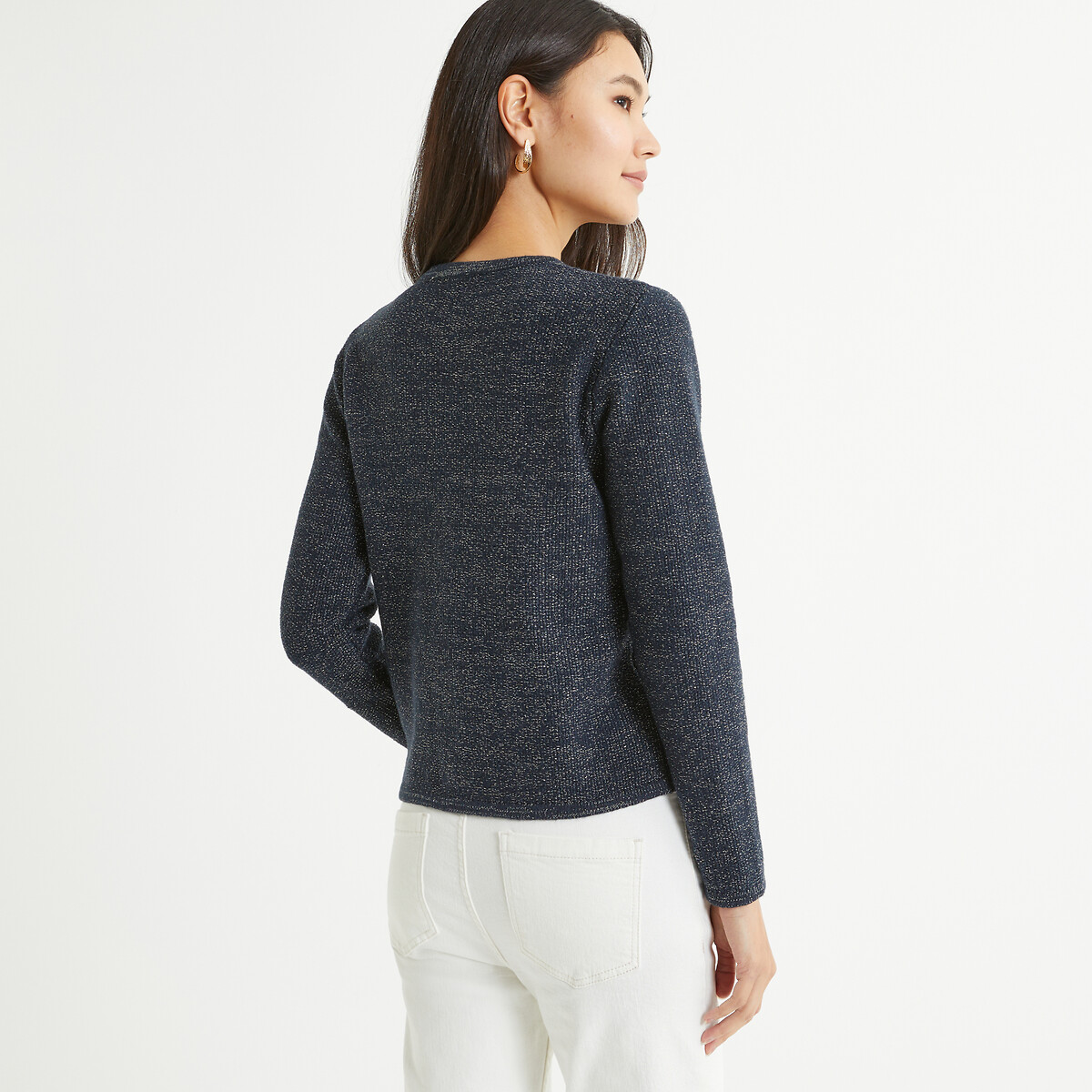 Buttoned Crew Neck Cardigan in Fine Knit navy, ANNE WEYBURN