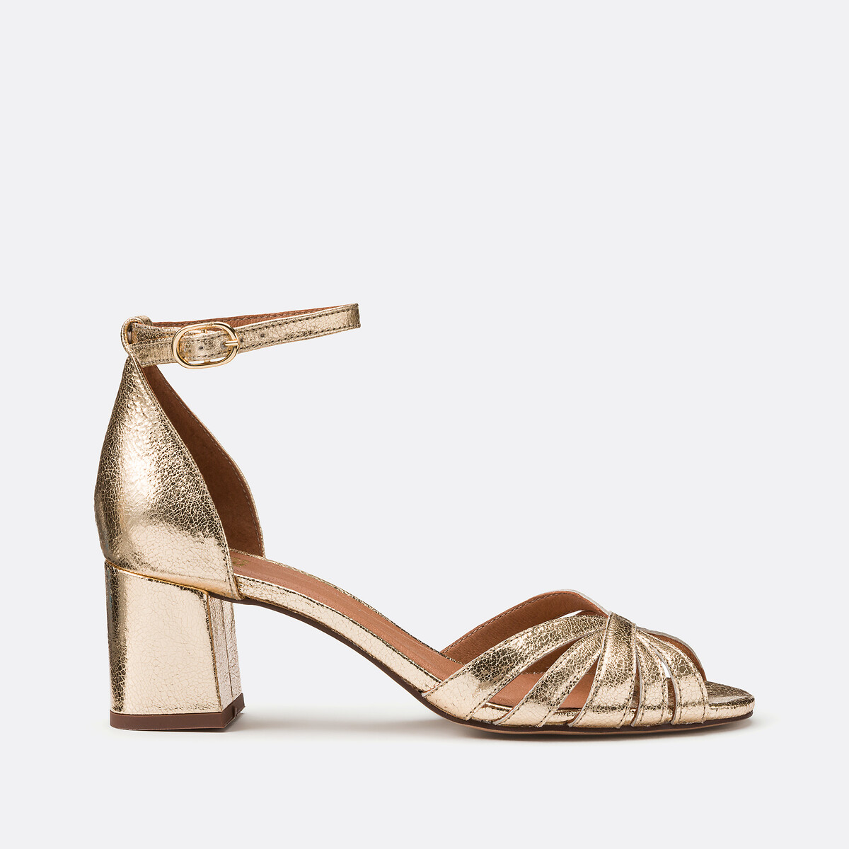 Metallic Leather Heeled Sandals with Ankle Strap gold-coloured, LA REDOUTE COLLECTIONS