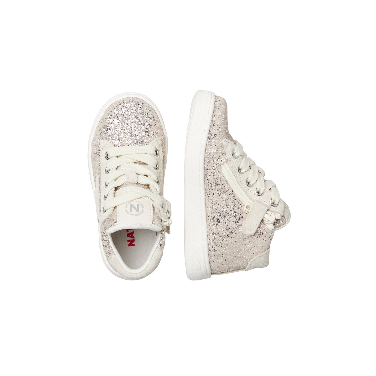 Baskets en suède et tissu pailleté PINN HIGH ZIP. blanc-platine-, NATURINO