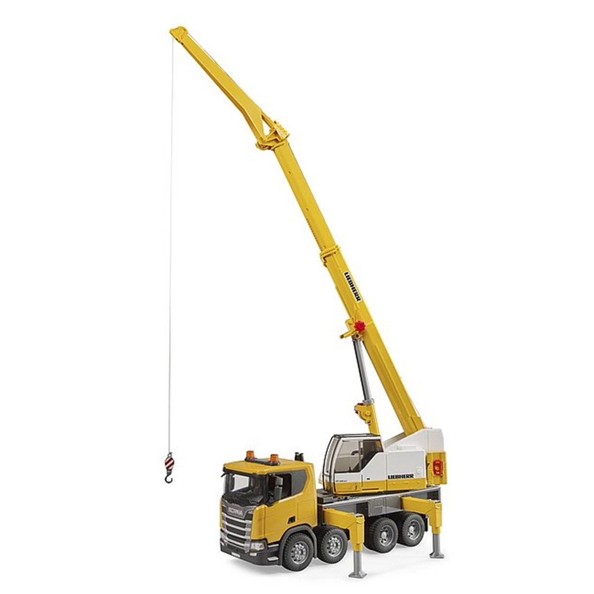 Scania Super 560R Liebherr camion-grue avec module son et lumière jaune, BRUDER