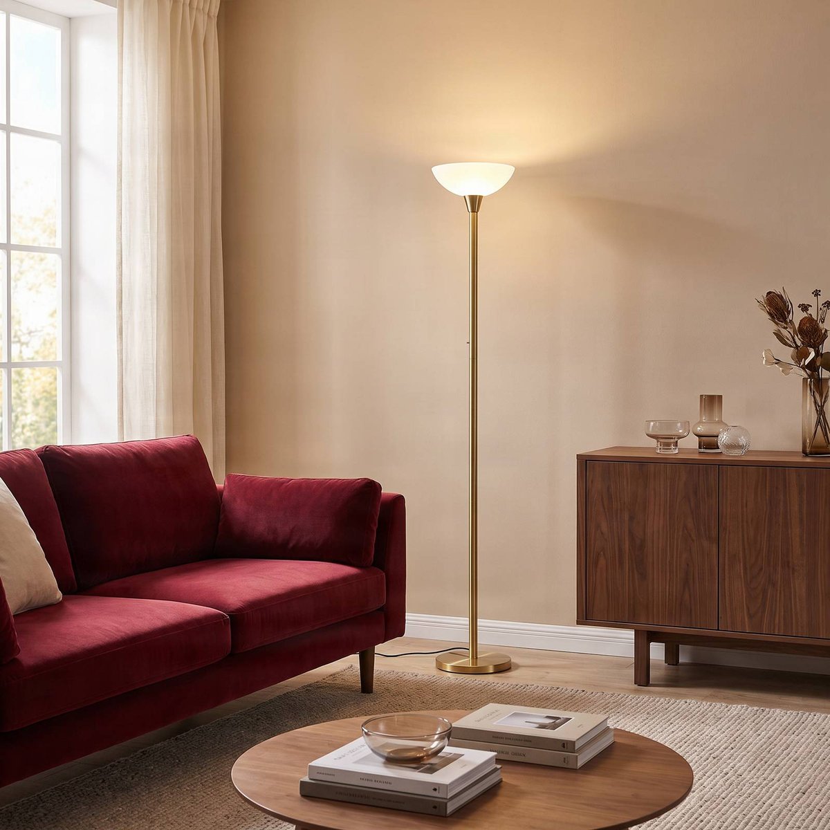 Lampadaire en métal moderne, Ignacia laiton mat, blanc, LINDBY