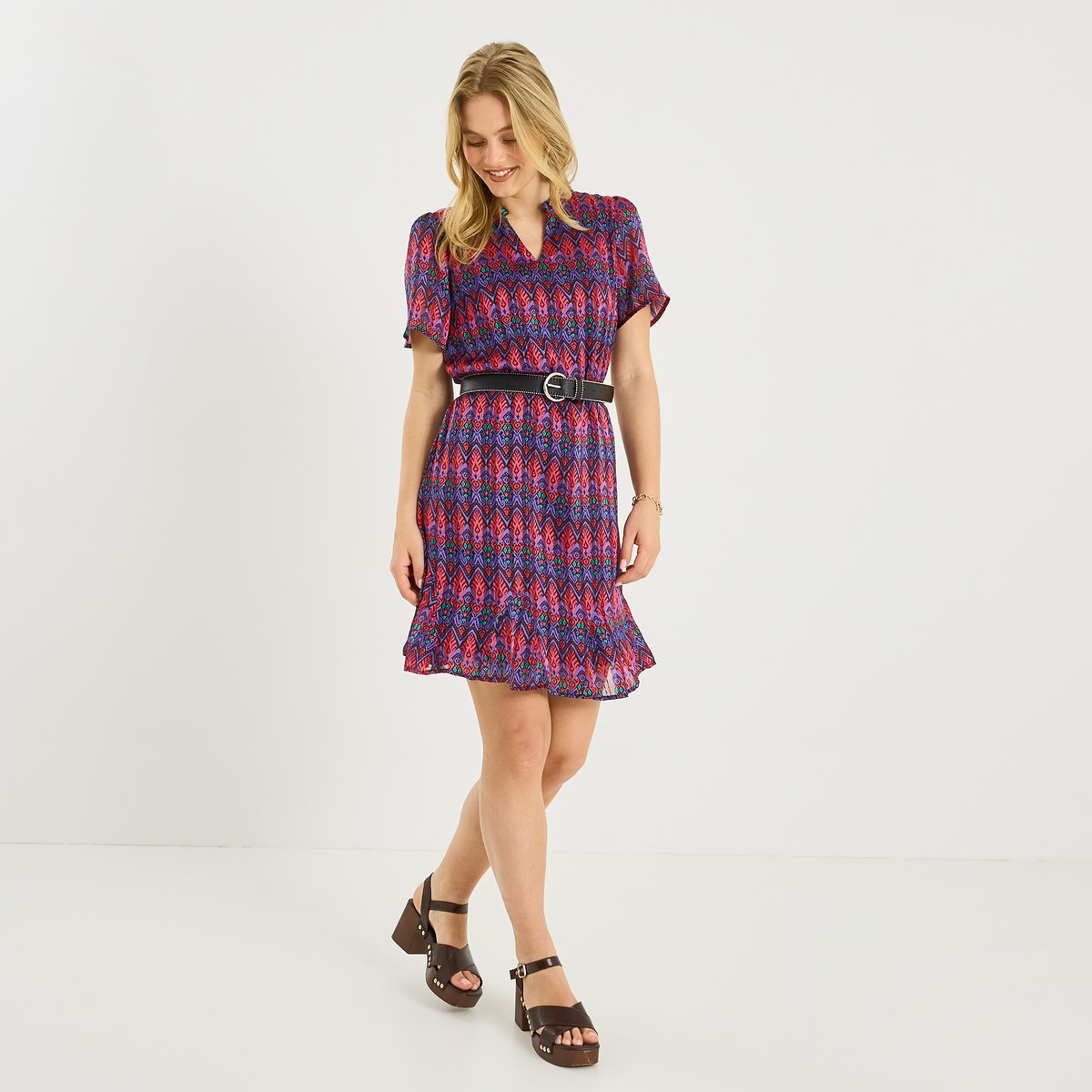 Robe courte fluide imprimé géométrique rose, GRAIN DE MALICE