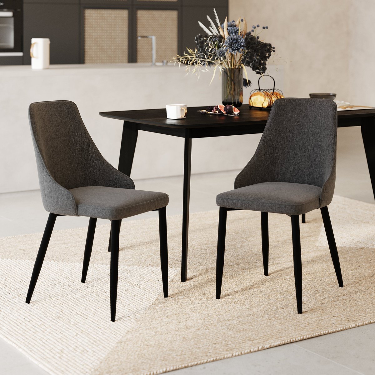Lot de 2 chaises en tissu et pieds en métal - PIPO gris foncé, MAISON PAVANE