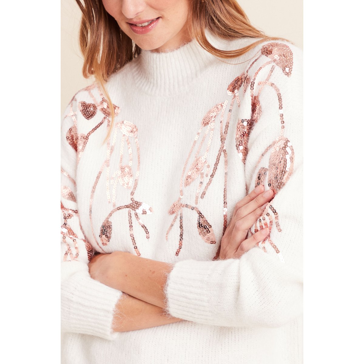 Pull col rond manches longues sequins ecru, BREAL