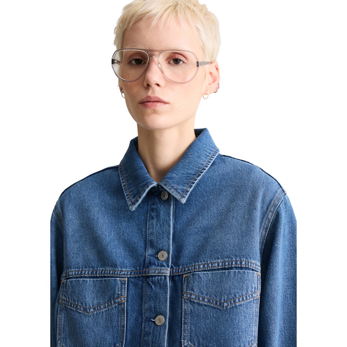 Veste en jean oversize cropped en mélange de coton organique et de lyocell bleu moyen, MARC O’POLO DENIM