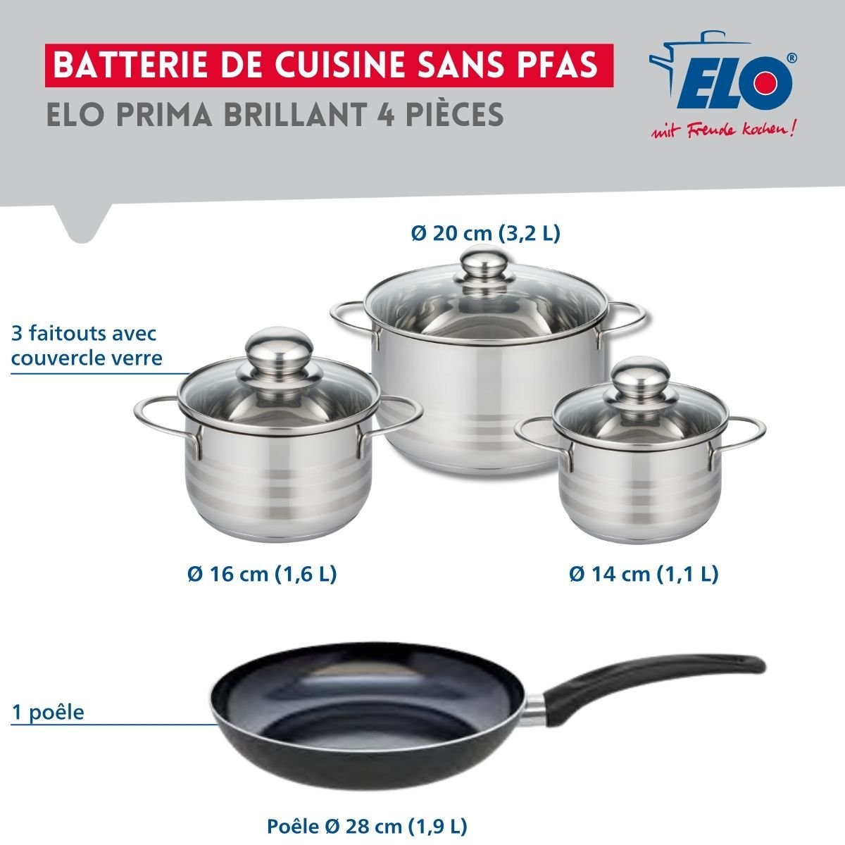 Batterie 1 poêle 28cm + 3 faitouts 14/16/20cm PRIMA BRILLANT noir, ELO