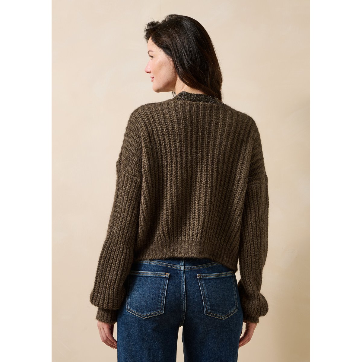 Gilet manches longues ample col V détail irisé vert lichen, LA FEE MARABOUTEE
