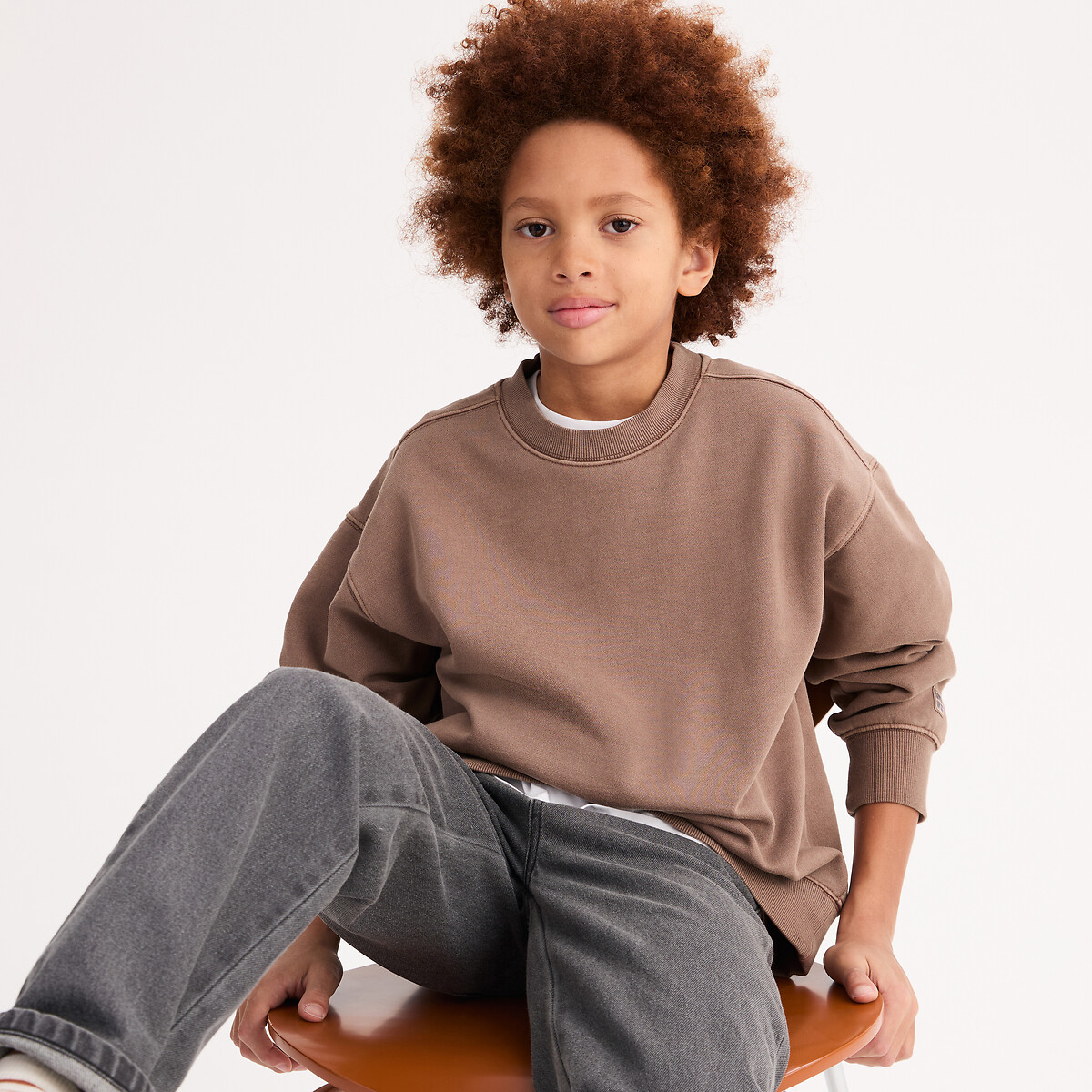 Sweat col rond en molleton lavé marron, LA REDOUTE COLLECTIONS