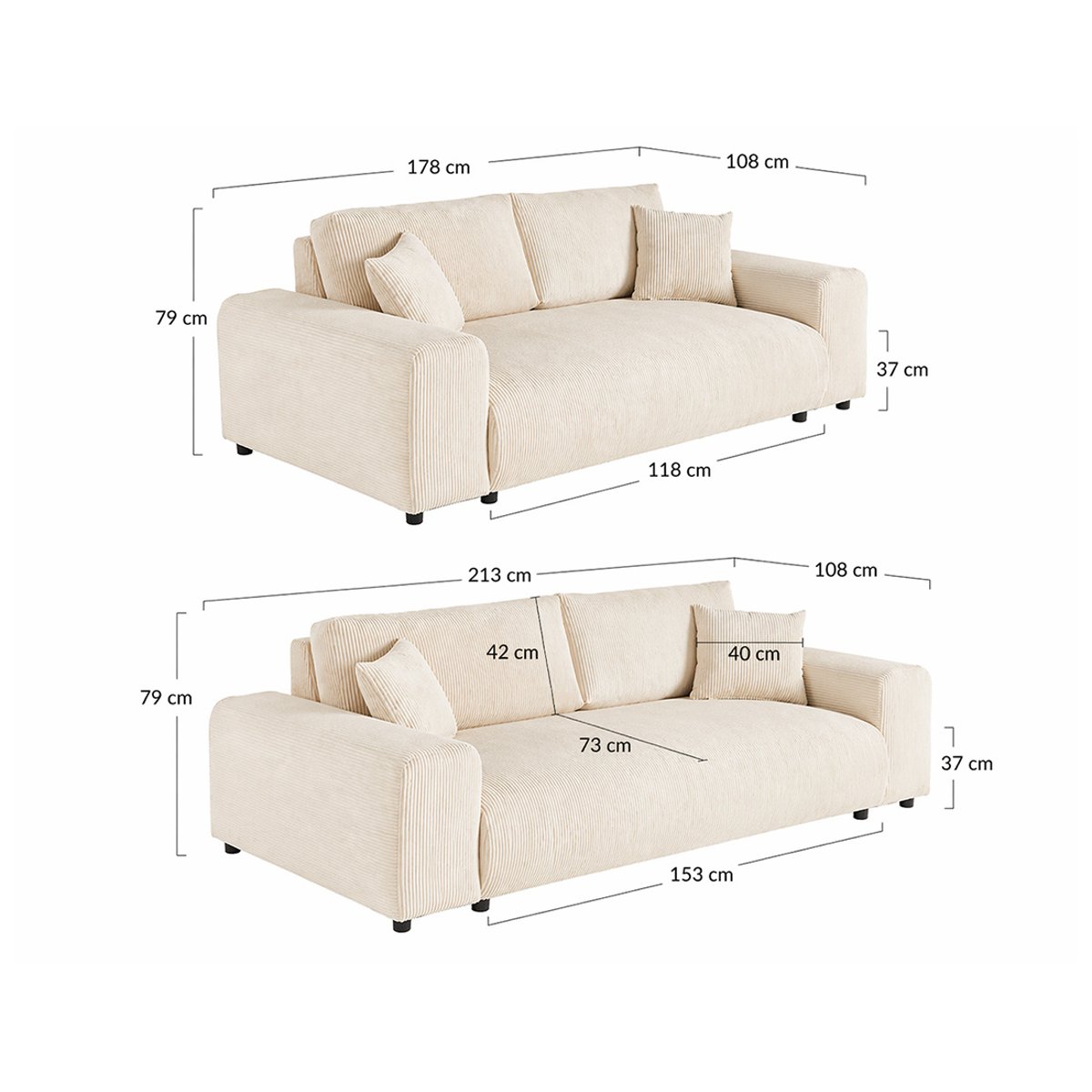 Garance - Ensemble de canapés droits 2+3 places velours côtelé beige, LISA DESIGN